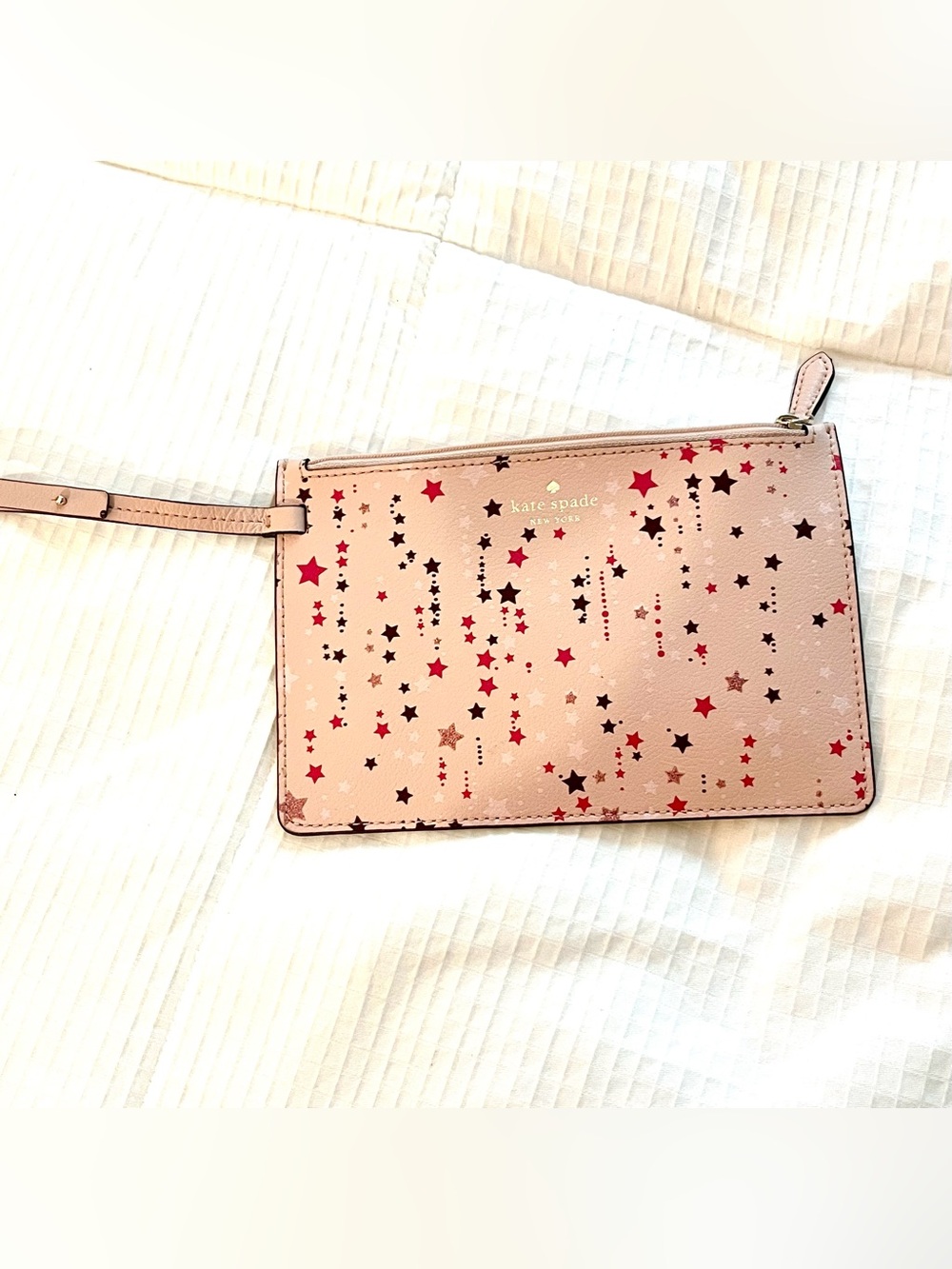 New Kate Spade Staci Twinkle Stars Pink Sam Browne Stud Strap Zipper Pouch